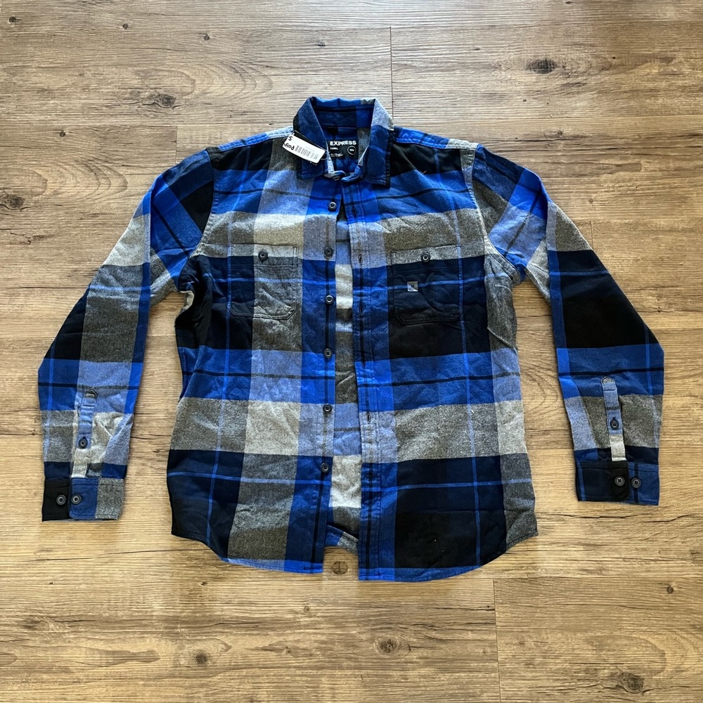 NWT Express Men’s Blue, Grey and Black Button Up Shirt